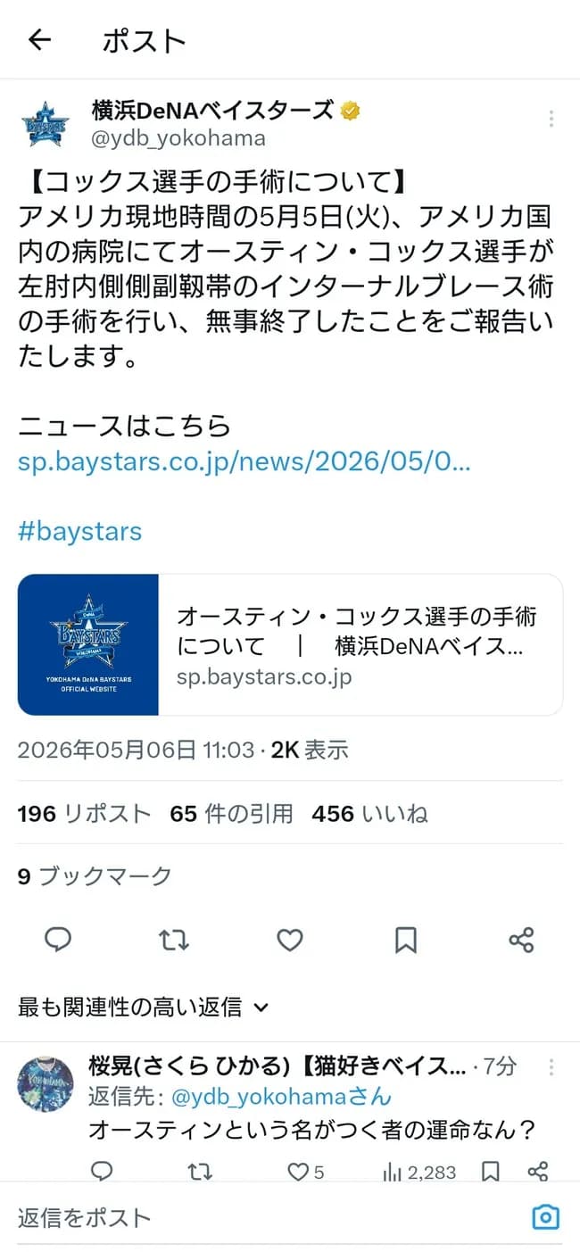 横浜の新助っ人コックス、2試合しか投げてないのに左肘内側側副靱帯の手術で今期の登板は絶滅的に