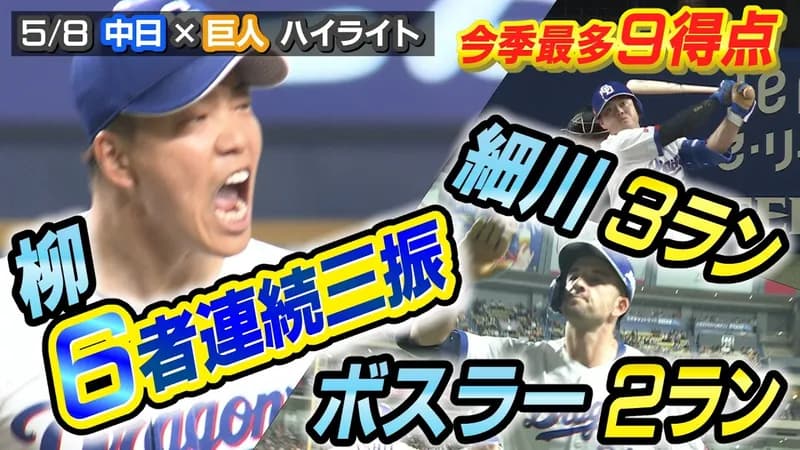 【動画】中日柳、立ち上がりから6者連続奪三振！トータル10奪三振の快投！
