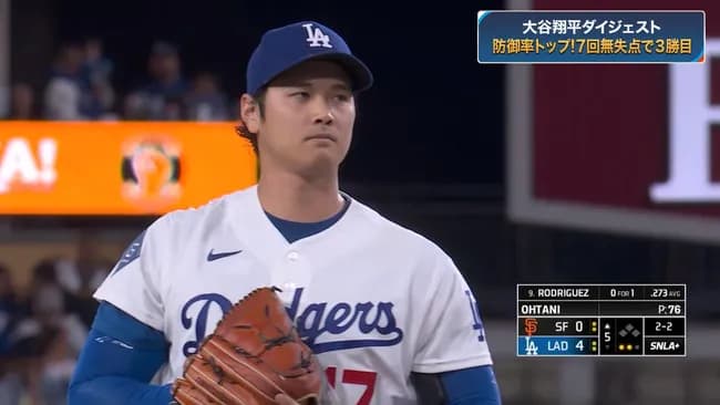 大谷翔平 3勝2敗 防御率0.82 44回 奪三振50 WHIP0.82
