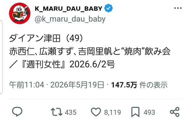ダイアン津田（49） 赤西仁､広瀬すず､吉岡里帆と“焼肉”飲み会