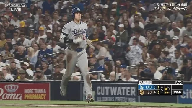 大谷翔平、第三打席は1アウト三塁からセカンドゴロ、その間に三塁ランナーが生還しドジャースが1点差に詰め寄る！！！！！