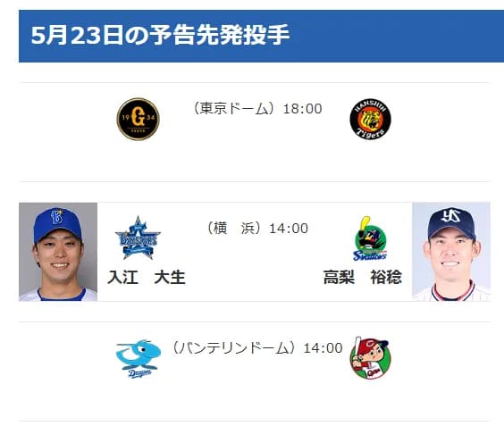 【5/23(土)の予告先発】入江大生(De)×高梨裕稔(S)