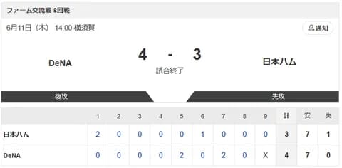 【試合結果】DeNAvs日本ハム2軍 4-3｜交流戦8回戦｜個人成績｜6/11