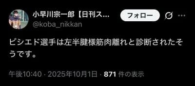 【悲報】DeNAビシエド、CS出られなそう…