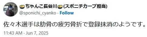 悲報 カープドラ1の佐々木疲労骨折