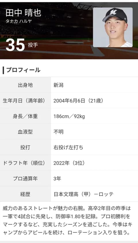 ロッテ田中晴也のプロフィール、血液型不明になってるけど