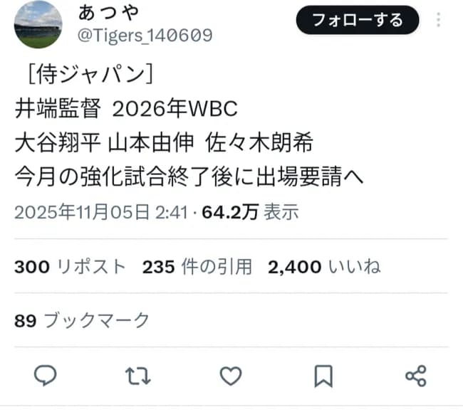 【速報】大谷翔平、山本由伸、佐々木朗希に赤紙が届く