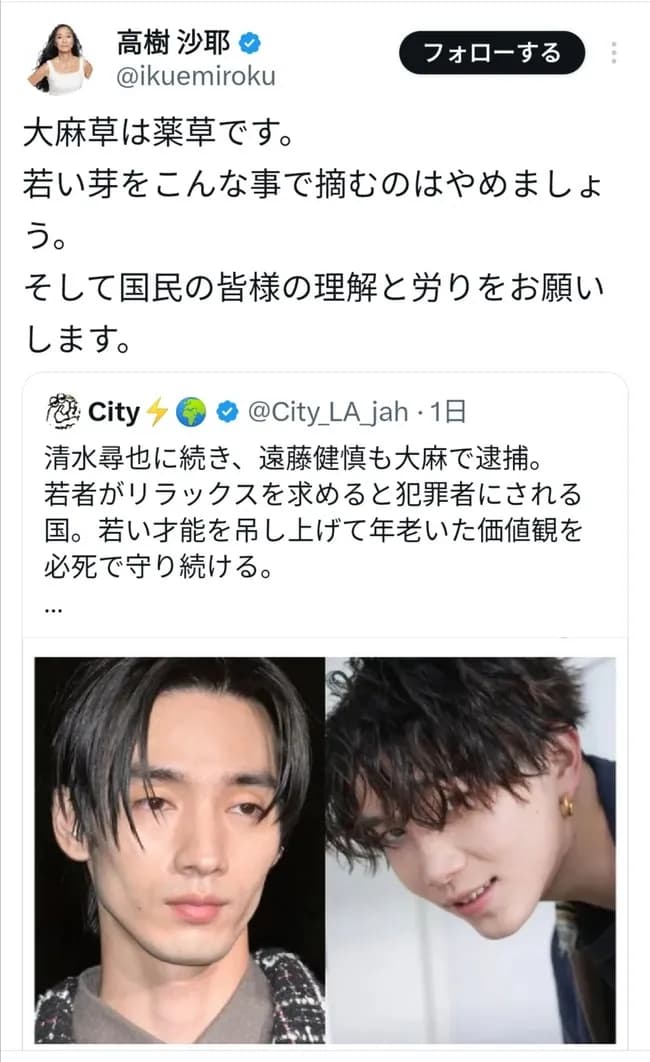 【悲報】高樹沙耶さん「大麻は薬草です、若い芽をこんなことで摘むのはやめましょう」