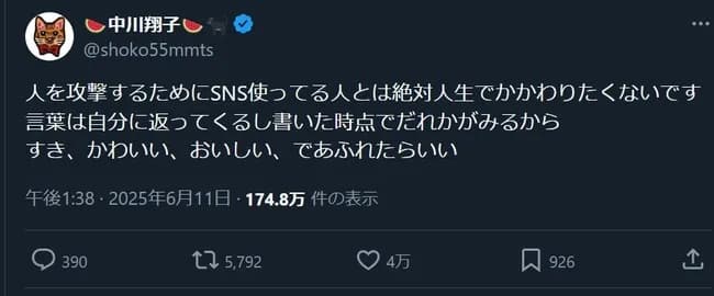 中川翔子「人を攻撃するためにSNS使ってる人とは絶対人生でかかわりたくないです」