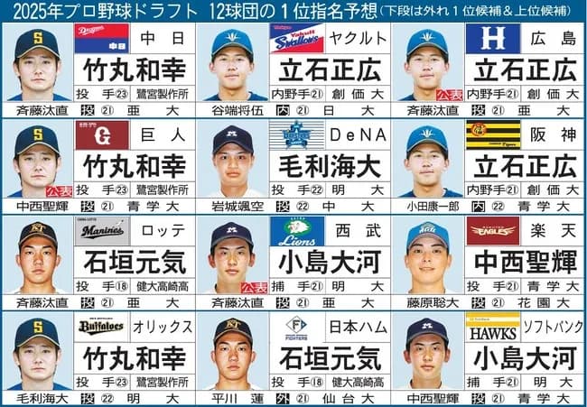 週刊ベースボールの12球団ドラフト採点　トップは阪神ロッテ95点　最低はヤクルト65点