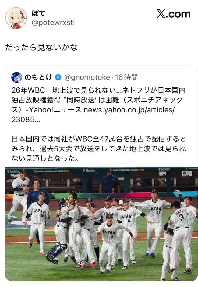 【謎】Netflix「月額1000円でWBCの全試合が見放題です」謎「だったら見ないかな」←こいつの正体