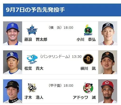 【予告先発】明日9/7　DeNA 藤浪晋太郎 - ヤクルト 小川泰弘