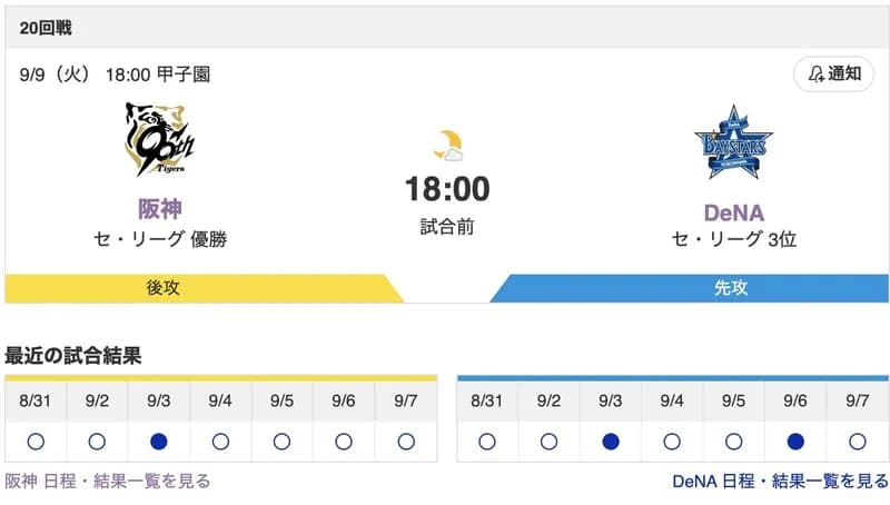 【虎実況】[9月9日] 阪神 vs DeNA（甲子園）20回戦　18:00～