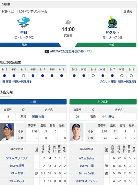 【ドラゴンズ実況】 9/20 中日 vs ヤクルト（バンテリンD）14:00~　先発：岡田俊哉【中継:CBC Jスポ2 DAZN他】