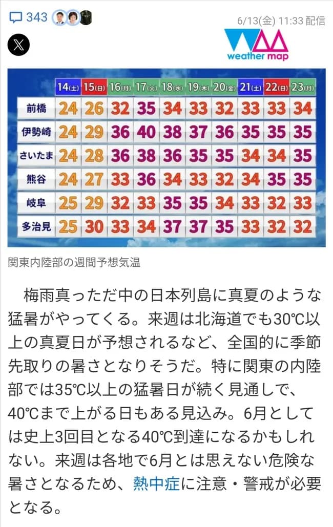 【悲報】来週の気温、40℃ｗｗｗｗｗｗｗｗｗｗｗｗ