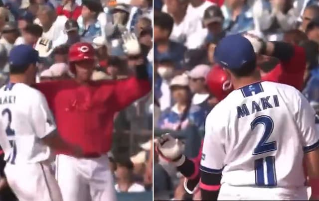 カープ坂倉×DeNA牧が試合中に同じポーズで交流ｗｗｗｘｗ