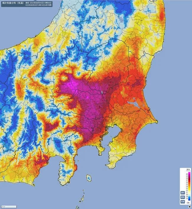 【画像】関東の40度超えエリア、いくらなんでも広すぎるwww