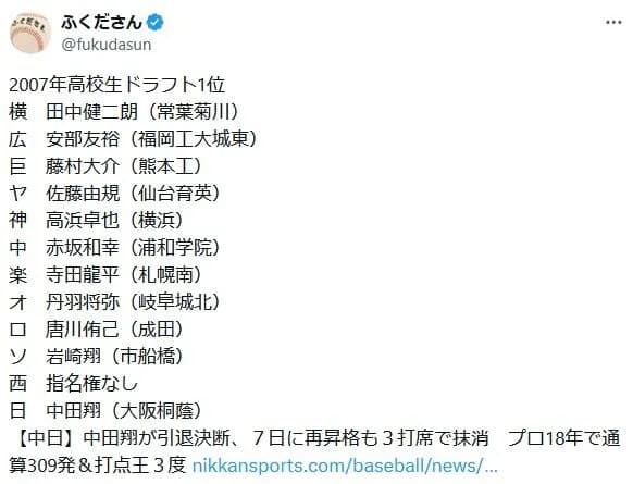 【悲報】2007年高校生ドラフト1位、残りわずかに