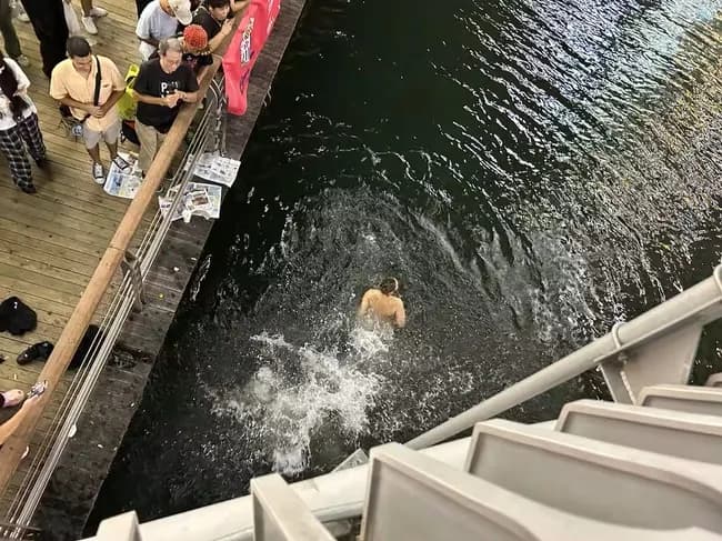 阪神優勝、直後に2人道頓堀川へダイブ 警察官に引き上げられ「大変危険」と警告