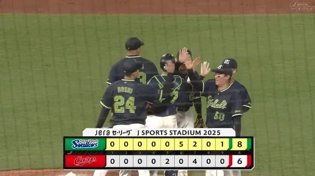 【広島対ヤクルト20回戦】ヤクルトが8-6で広島に逆転勝利!6回2死から守乱につけこみ一挙5得点!内山同点打!北村恵追加打!アビラ7回途中5失点6勝目!