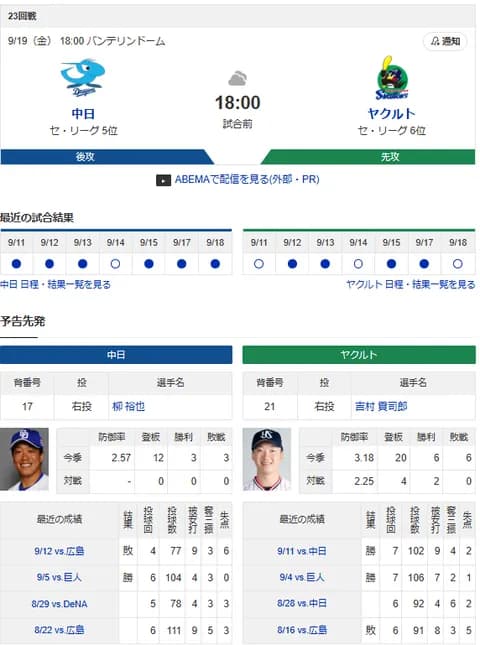 【ドラゴンズ実況】 9/19 中日 vs ヤクルト(バンテリンD)18:00~ 先発:柳裕也 【中継:NHK Jスポ2 DAZN他】