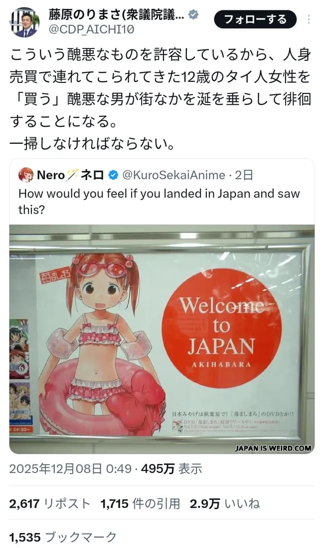 【悲報】立憲議員、秋葉原のゴミ豚ポスターを持ち出してアニメ叩きを始めるwwwwwwwww