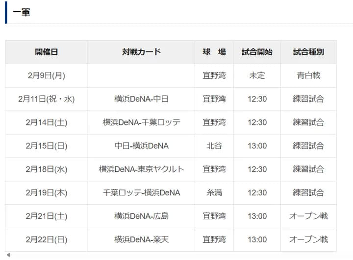 DeNA、2026年度の練習試合・オープン戦・蒼白戦の日程を発表! 初実戦は2月9日