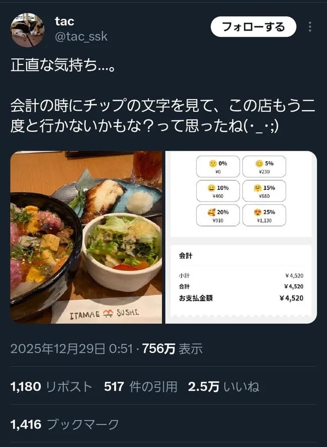 【悲報】チップ制を導入した飲食店、Xでボロクソに叩かれてしまう