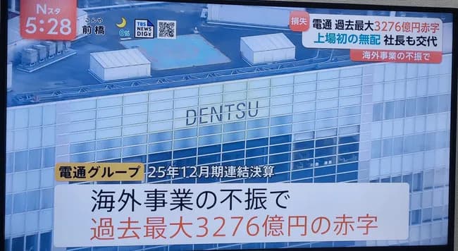 【朗報】電通、3200億円の大赤字決算→「海外融資の不振が原因でフジテレビ問題は関係ない😡」