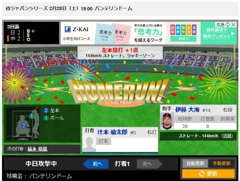 【朗報】中日 初テラス弾は辻本倫太郎www【2/28 壮行試合3回裏 D2-2侍】