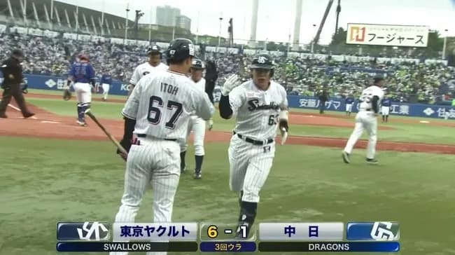 【ヤクルト対中日2回戦】ヤクルト・増田珠、中日・櫻井から第2号3ランホームラン!リードを6点に広げる!!!!!!!!!!!!