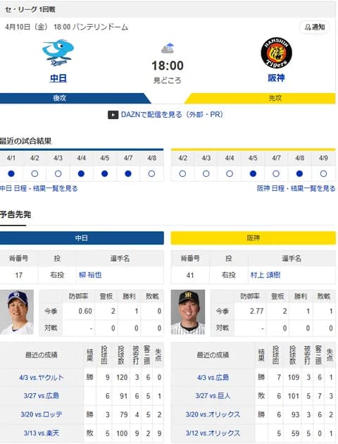 【ドラゴンズ実況】4/10 中日vs阪神(バンテリンD)18:00~先発:柳裕也 【中継:NHK Jスポ2 DAZN他】