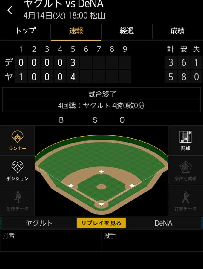 ベイスターズ 3ー5 スワローズ 5回降雨コールド