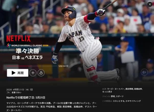 NetflixのWBC動画、本日をもって配信終了www