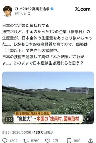 【悲報】愛国者さん「抹茶が中国に盗まれました!このままでは中国産になる」wwwwwwwwww
